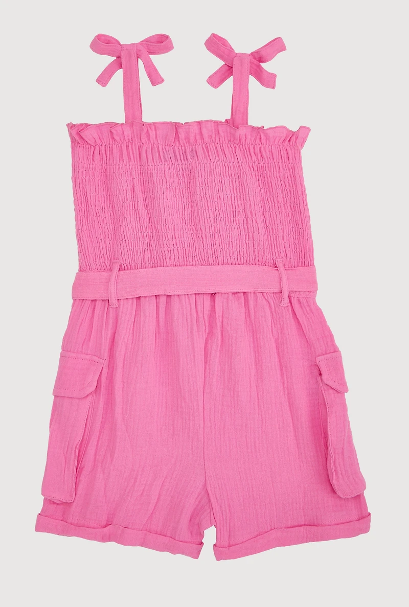 Girls Gauze Knit Tie Shoulder Smocked Cargo Romper, Pink, Size 10-12