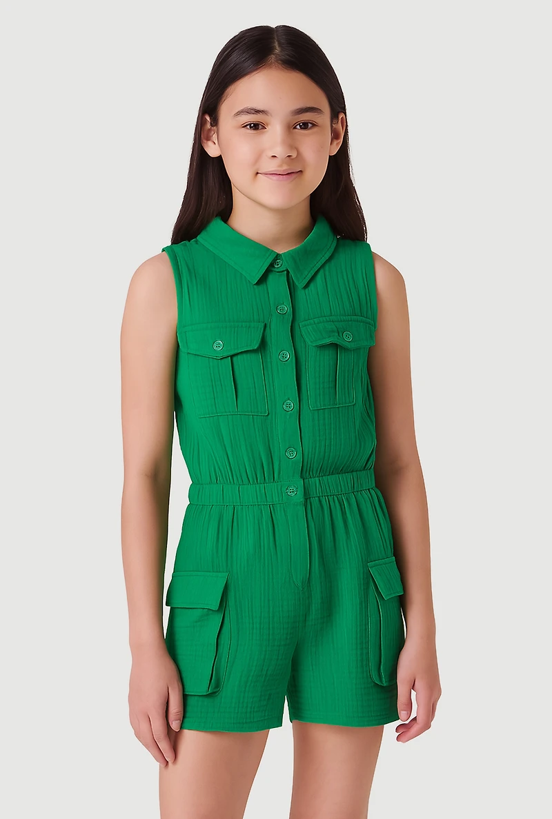 Girls Gauze Knit Sleeveless Utility Romper, Green, Size 10-12