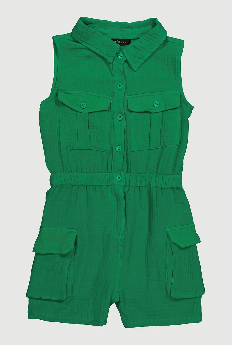 Girls Gauze Knit Sleeveless Utility Romper, Green, Size 10-12