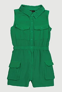 Girls Gauze Knit Sleeveless Utility Romper, Green, Size 10-12