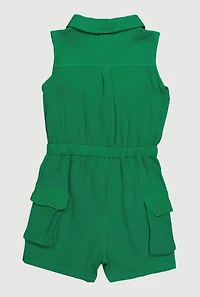Girls Gauze Knit Sleeveless Utility Romper, Green, Size 10-12