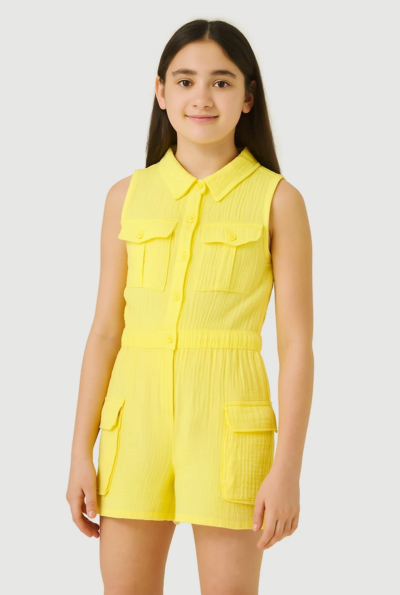 Girls Gauze Knit Sleeveless Utility Romper, Yellow, Size 10-12