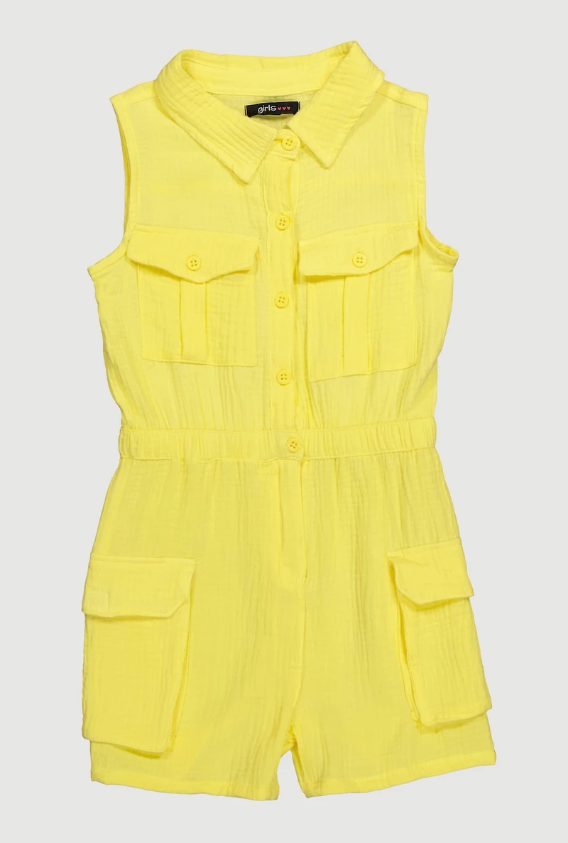 Girls Gauze Knit Sleeveless Utility Romper, Yellow, Size 10-12