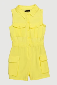 Girls Gauze Knit Sleeveless Utility Romper, Yellow, Size 10-12
