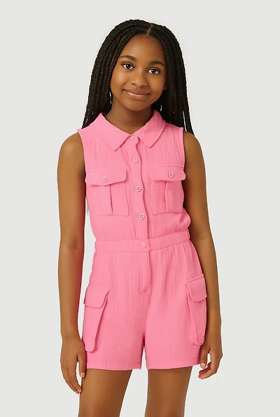 Girls Gauze Knit Sleeveless Utility Romper, Pink, Size 7-8