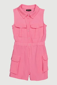 Girls Gauze Knit Sleeveless Utility Romper, Pink, Size 10-12