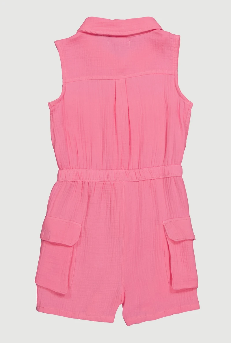 Girls Gauze Knit Sleeveless Utility Romper, Pink, Size 10-12