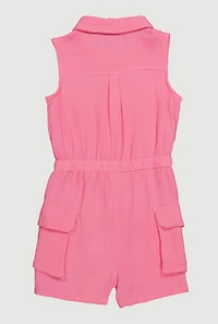 Girls Gauze Knit Sleeveless Utility Romper, Pink, Size 10-12