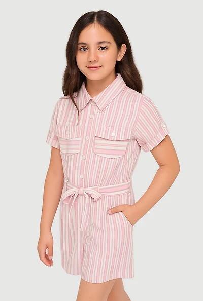 Girls Striped Button Front Romper, Pink, Size 7-8