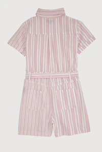 Girls Striped Button Front Romper, Pink, Size 10-12