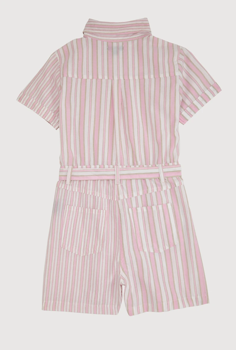 Girls Striped Button Front Romper, Pink, Size 14-16