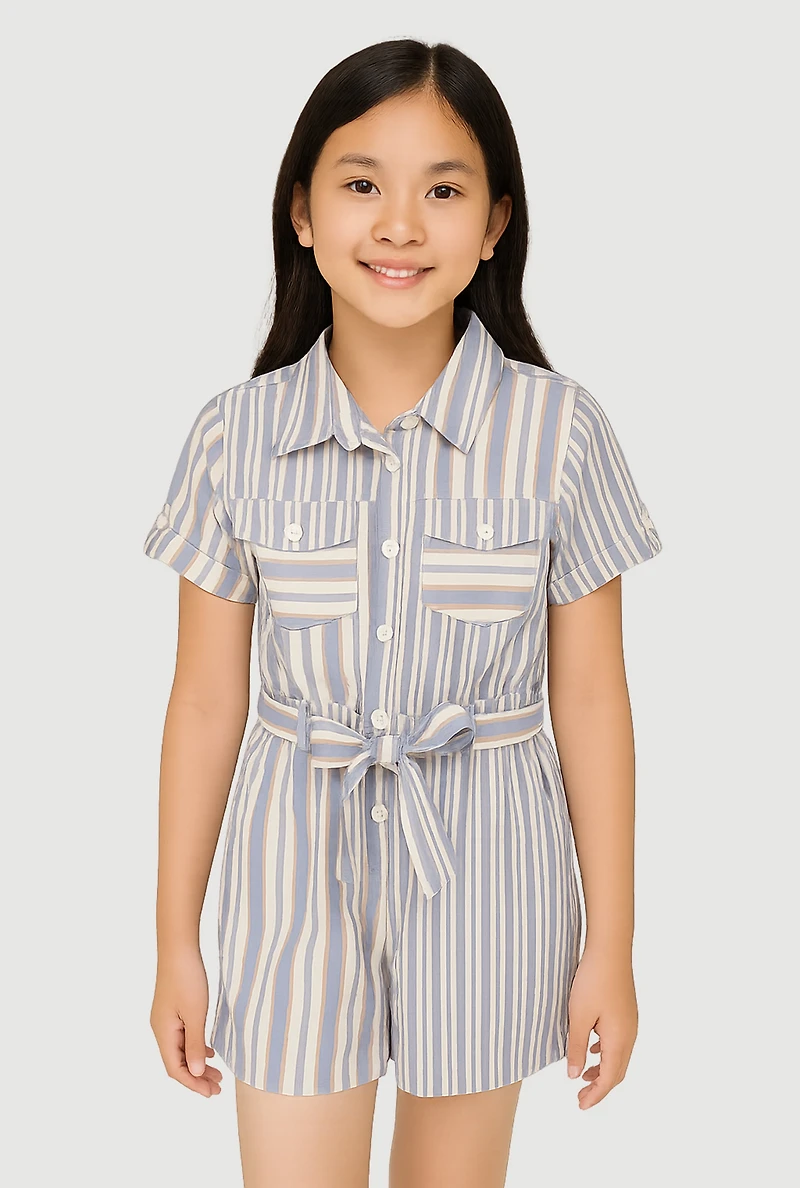 Girls Striped Button Front Romper,