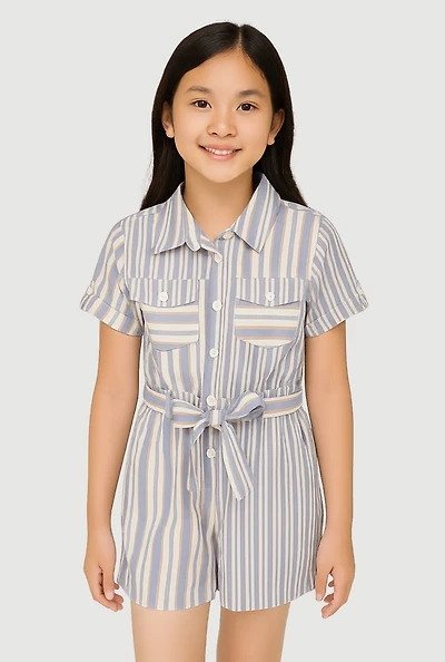 Girls Striped Button Front Romper,