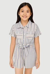 Girls Striped Button Front Romper,