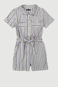 Girls Striped Button Front Romper,