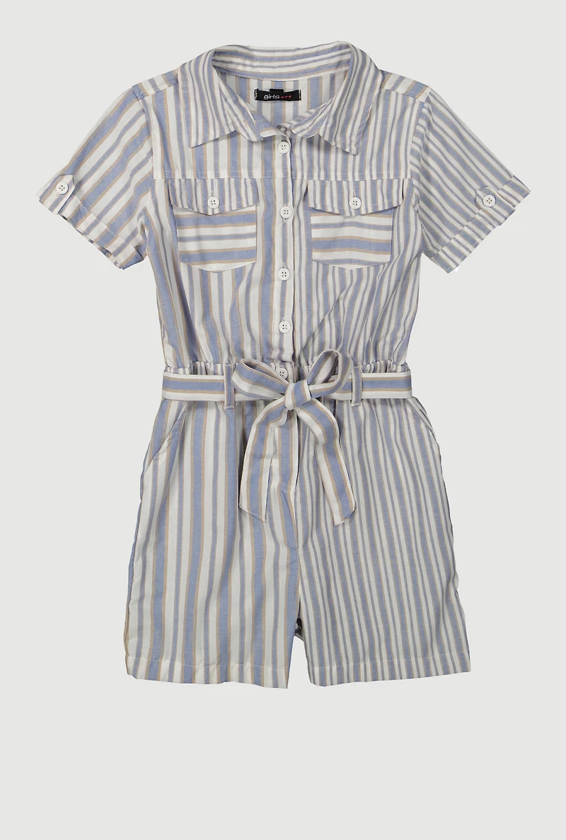 Girls Striped Button Front Romper, Blue, Size 14-16