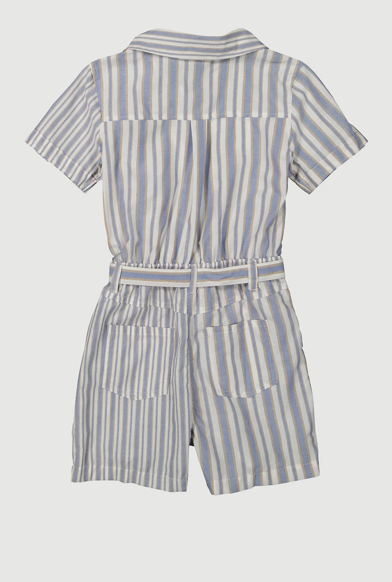 Girls Striped Button Front Romper, Blue, Size 14-16