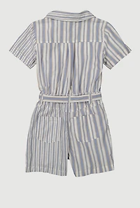 Girls Striped Button Front Romper, Blue, Size 14-16
