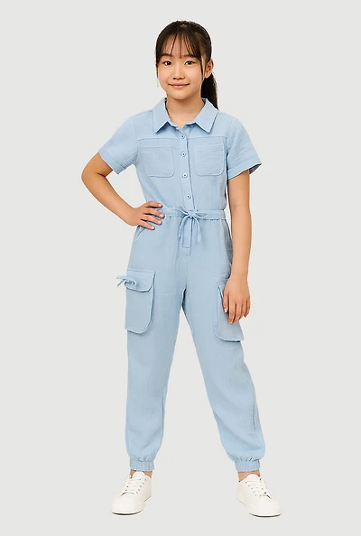 Girls Gauze Knit Utility Jumpsuit, Blue, Size 10-12