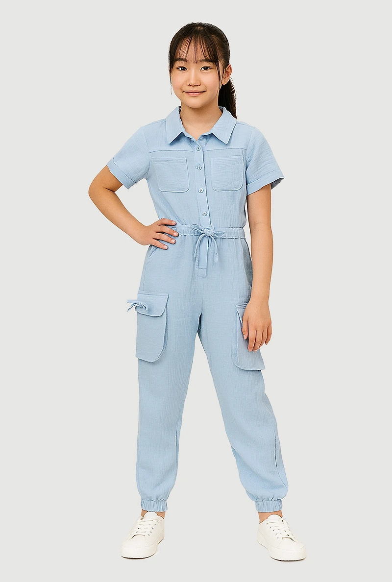 Girls Gauze Knit Utility Jumpsuit, Blue,