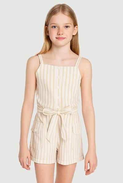 Girls Striped Cargo Pocket Romper, Beige, Size 10-12