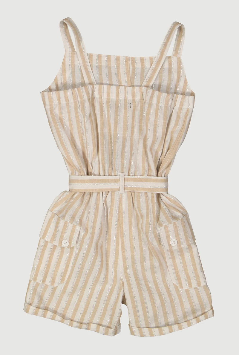 Girls Striped Cargo Pocket Romper,