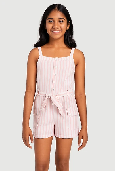 Girls Striped Cargo Pocket Romper, Pink, Size 10-12