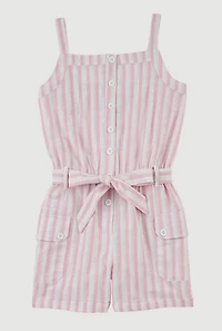 Girls Striped Cargo Pocket Romper, Pink, Size 14-16