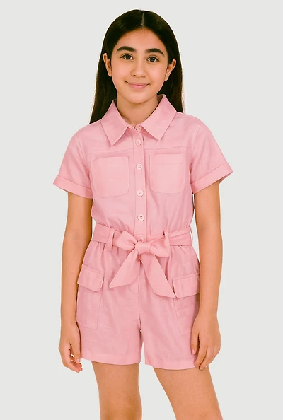 Girls Tie Waist Belted Utility Romper, Pink, Size 10-12