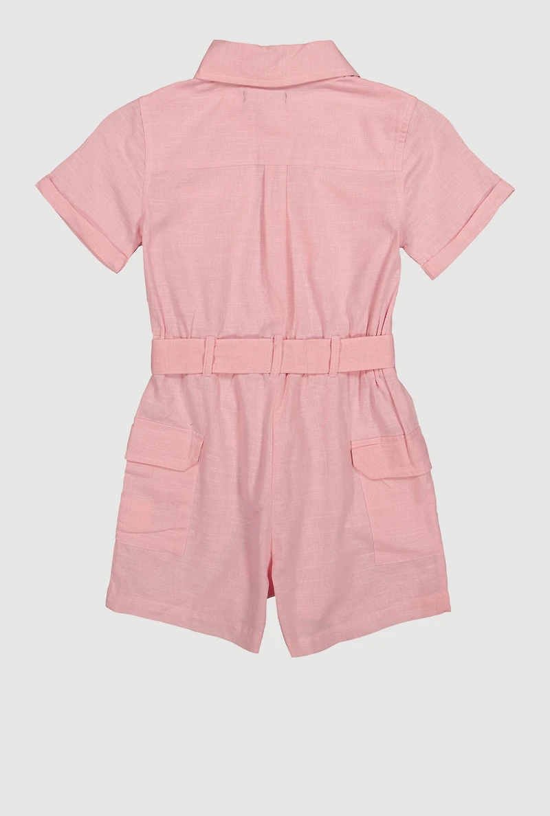 Girls Tie Waist Belted Utility Romper, Pink, Size 10-12