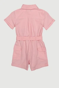 Girls Tie Waist Belted Utility Romper, Pink, Size 10-12
