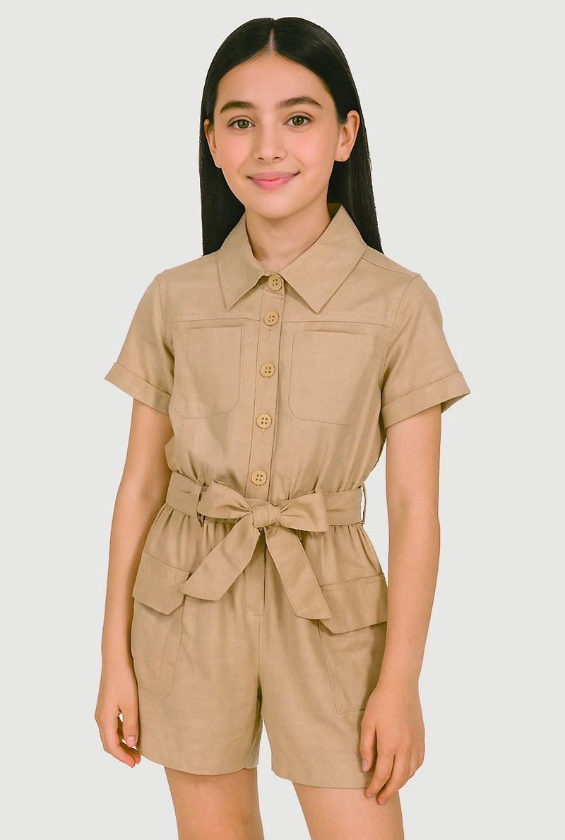 Girls Tie Waist Belted Utility Romper