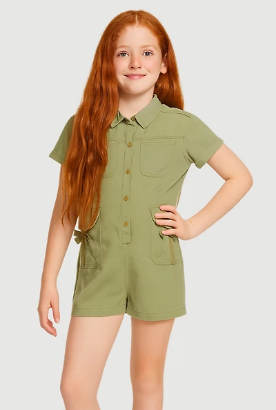 Girls Button Front Utility Romper, Green, Size 14-16