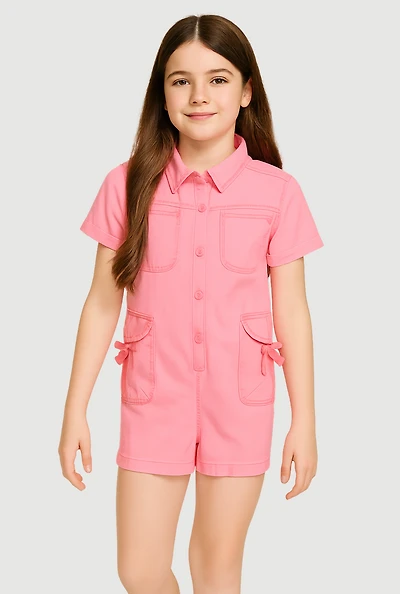 Girls Button Front Utility Romper, Pink, Size 10-12
