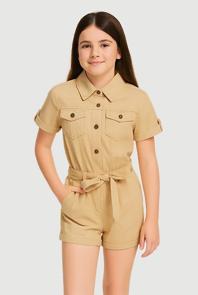 Girls Tie Waist Belted Utility Cargo Romper, Beige, Size 10-12