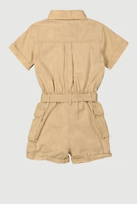 Girls Tie Waist Belted Utility Cargo Romper, Beige, Size 14-16