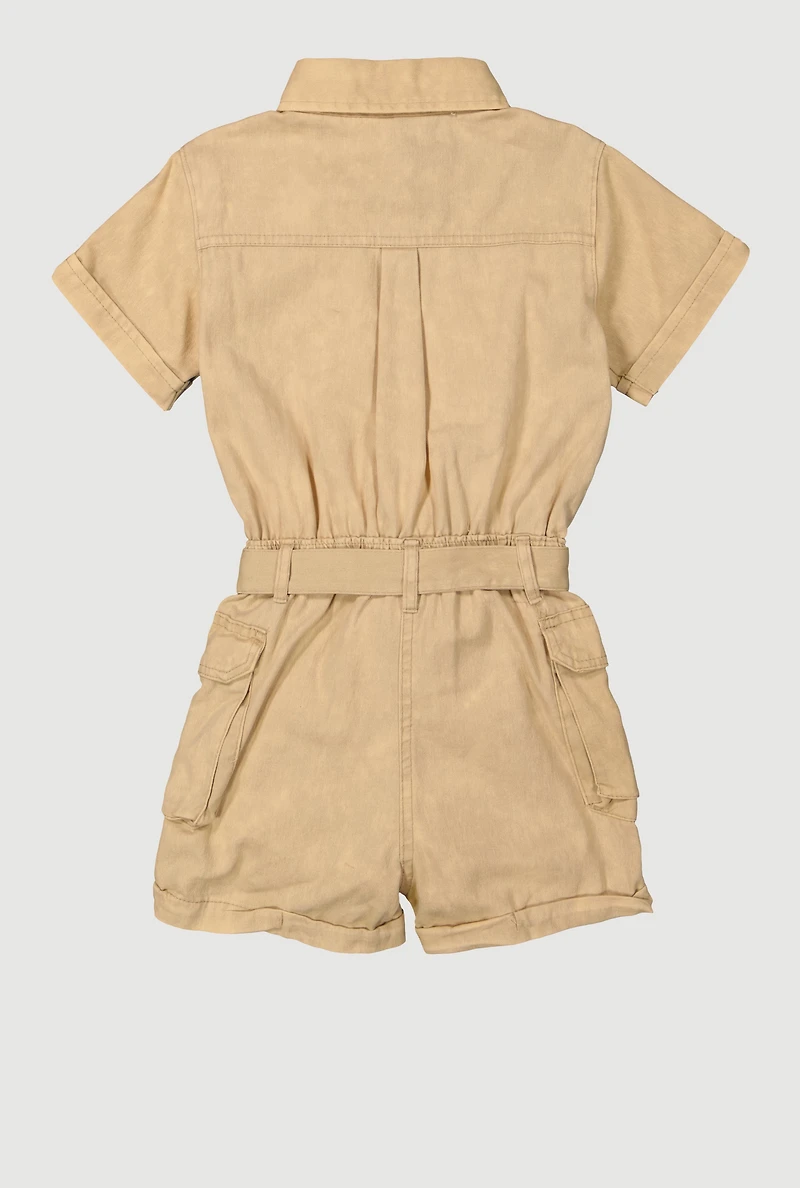 Girls Tie Waist Belted Utility Cargo Romper,