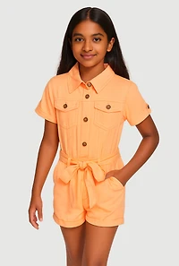 Girls Tie Waist Belted Utility Cargo Romper