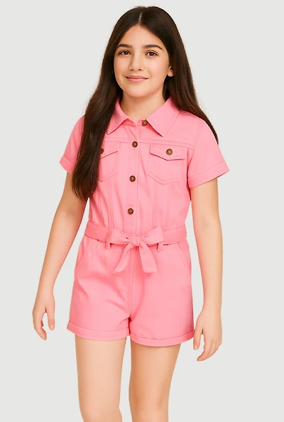 Girls Tie Waist Belted Utility Cargo Romper, Pink, Size 14-16