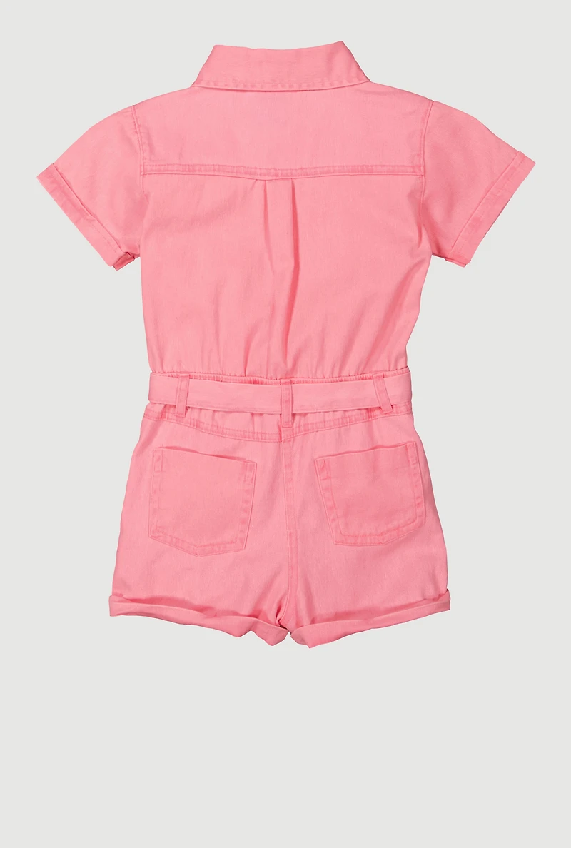 Girls Tie Waist Belted Utility Cargo Romper, Pink, Size 14-16