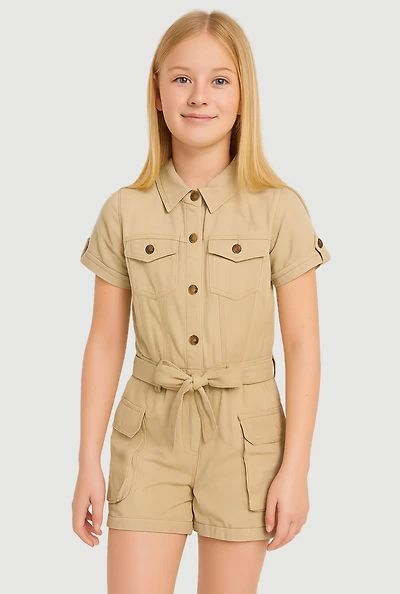Girls Twill Tie Waist Belted Utility Romper, Beige, Size 10-12