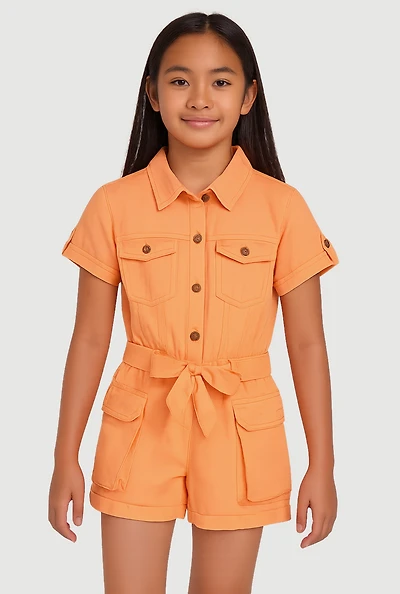 Girls Twill Tie Waist Belted Utility Romper, Orange, Size 10-12