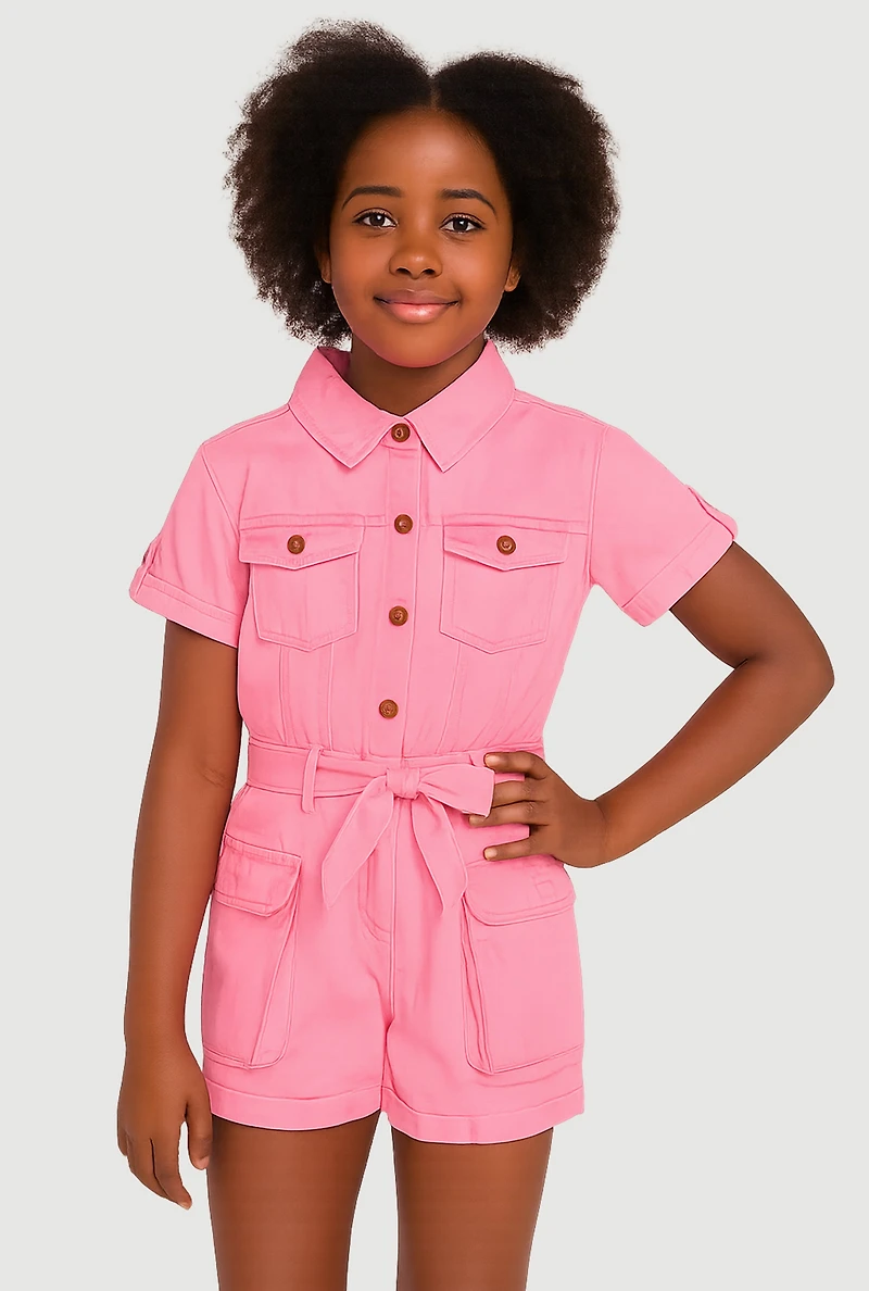 Girls Twill Tie Waist Belted Utility Romper