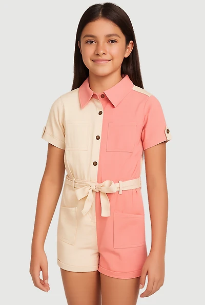 Girls Color Block Tie Waist Belted Romper, Multi, Size 14-16