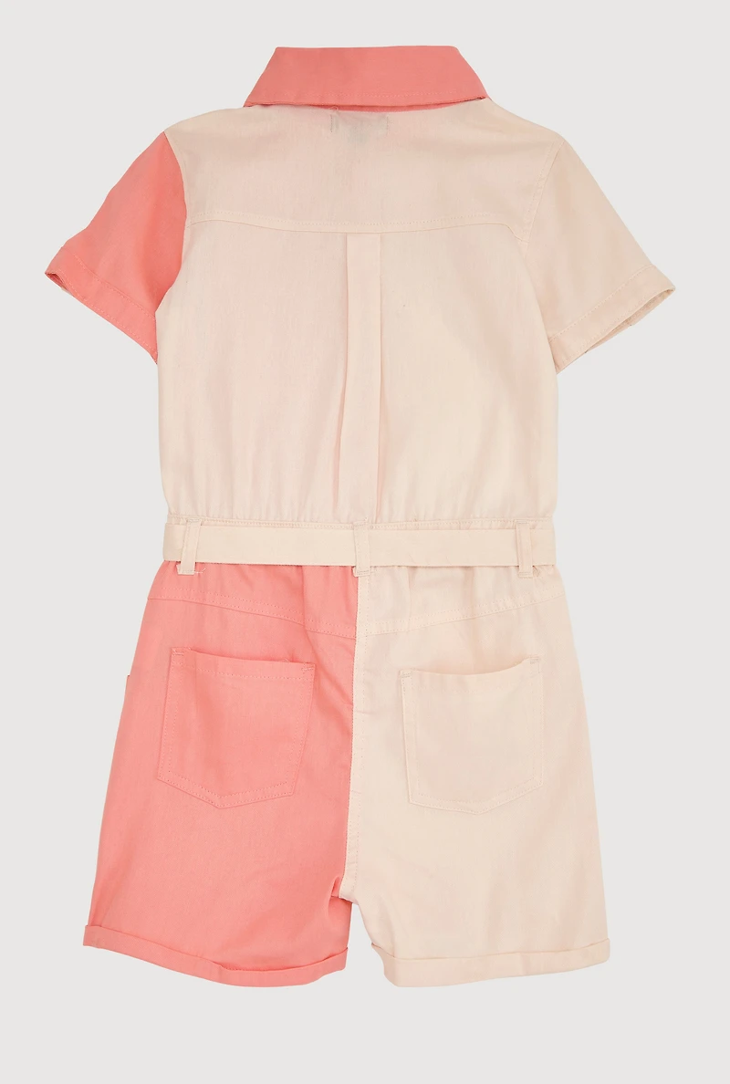 Girls Color Block Tie Waist Belted Romper, Multi,