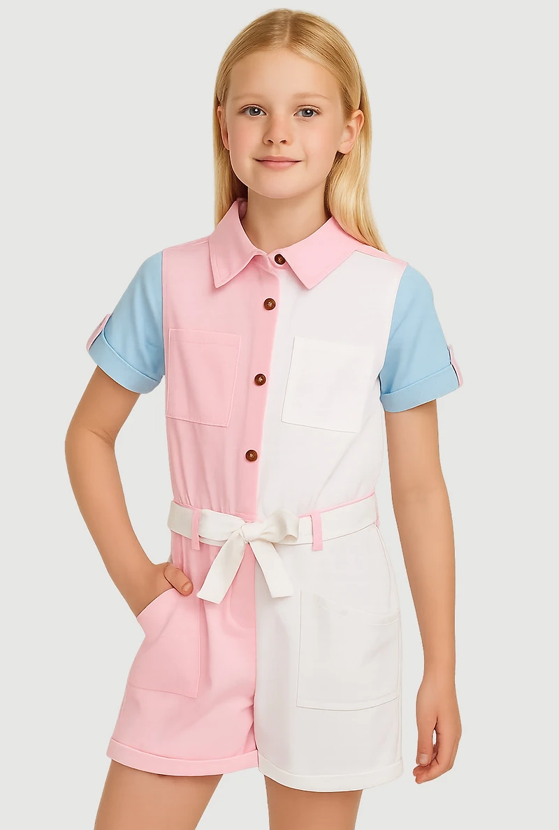 Girls Color Block Tie Waist Belted Romper