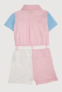 Girls Color Block Tie Waist Belted Romper, Multi, Size 10-12