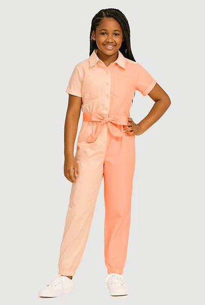 Girls Color Blocked Short Sleeve Jumpsuit