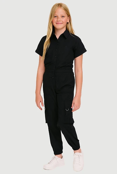 Girls Poplin Pull Tab Utility Jumpsuit