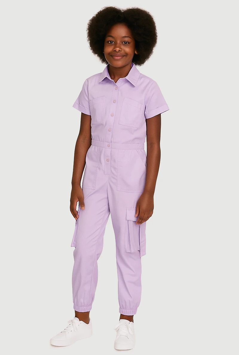 Girls Poplin Pull Tab Utility Jumpsuit, Purple, Size 10-12